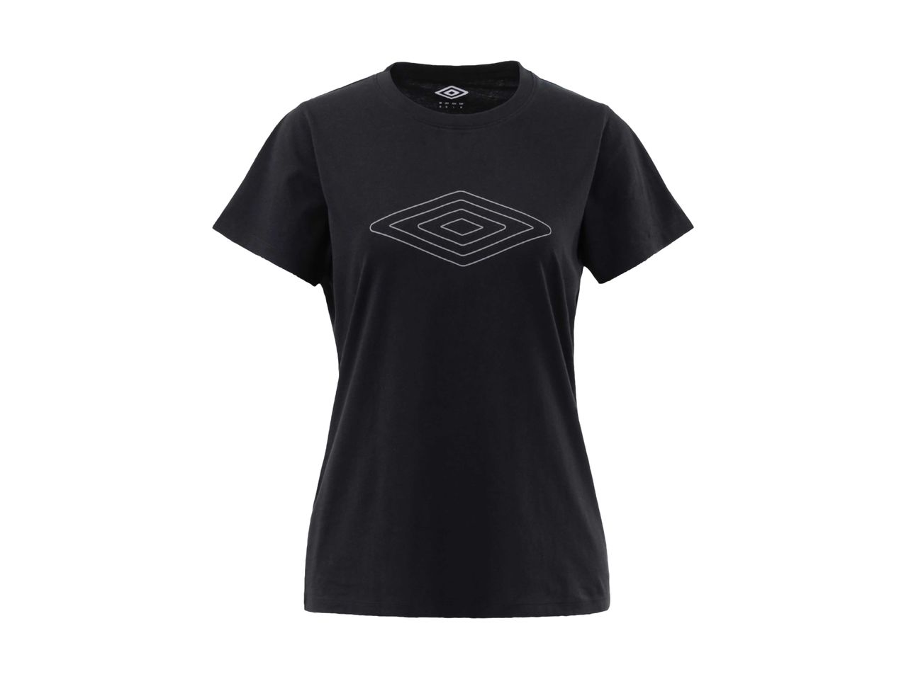 Sort t-shirt med et hvidt, diamantformet mønster på brystet.