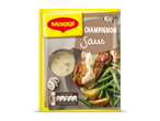 Verpakking voor champignon saus met een afbeelding van kip, aardappelen en sperziebonen.