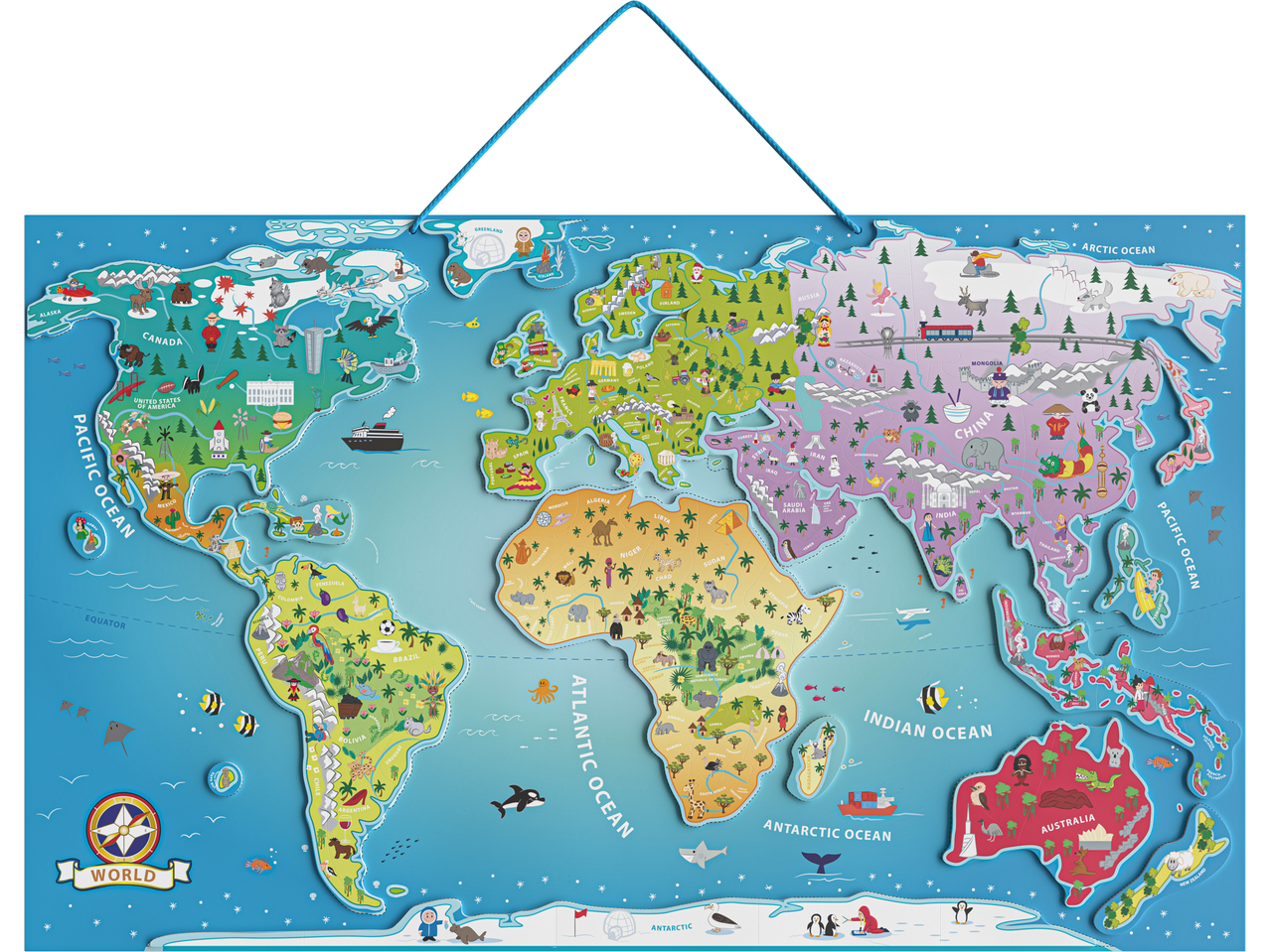 LUPILU® magnetinis medinis pasaulio žemėlapis su gyvūnais ir žymiais objektais.
