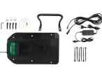PARKSIDE® 20V Robot Lawn Mower accessories, including charging station, boundary wire, pegs, and power supply.