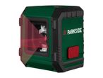 Green and black laser level projecting a red horizontal line and a red fan-shaped beam.