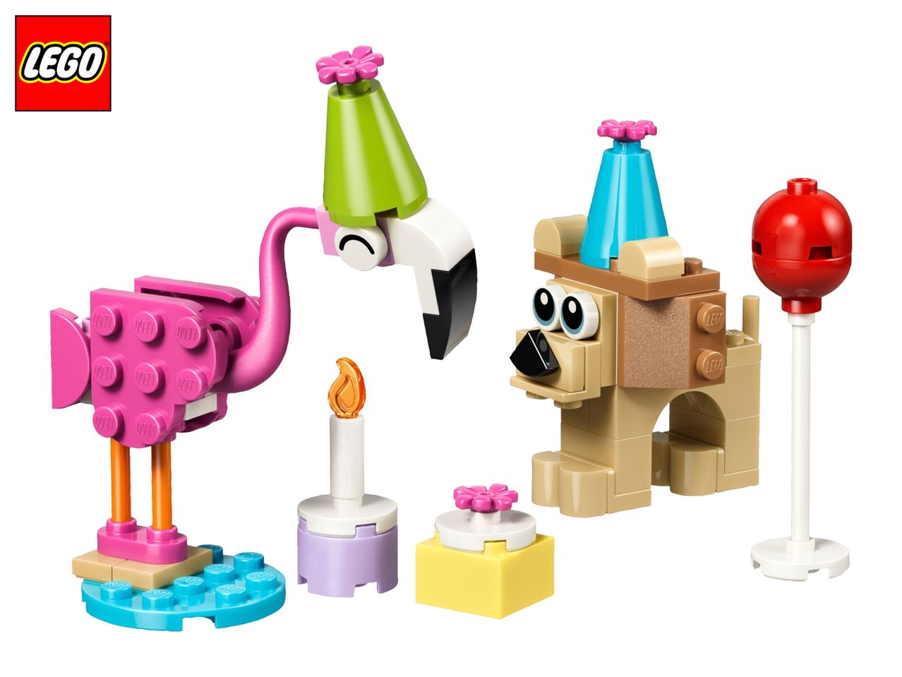 Toy flamingo and dog with party hats, a candle, and a lollipop.