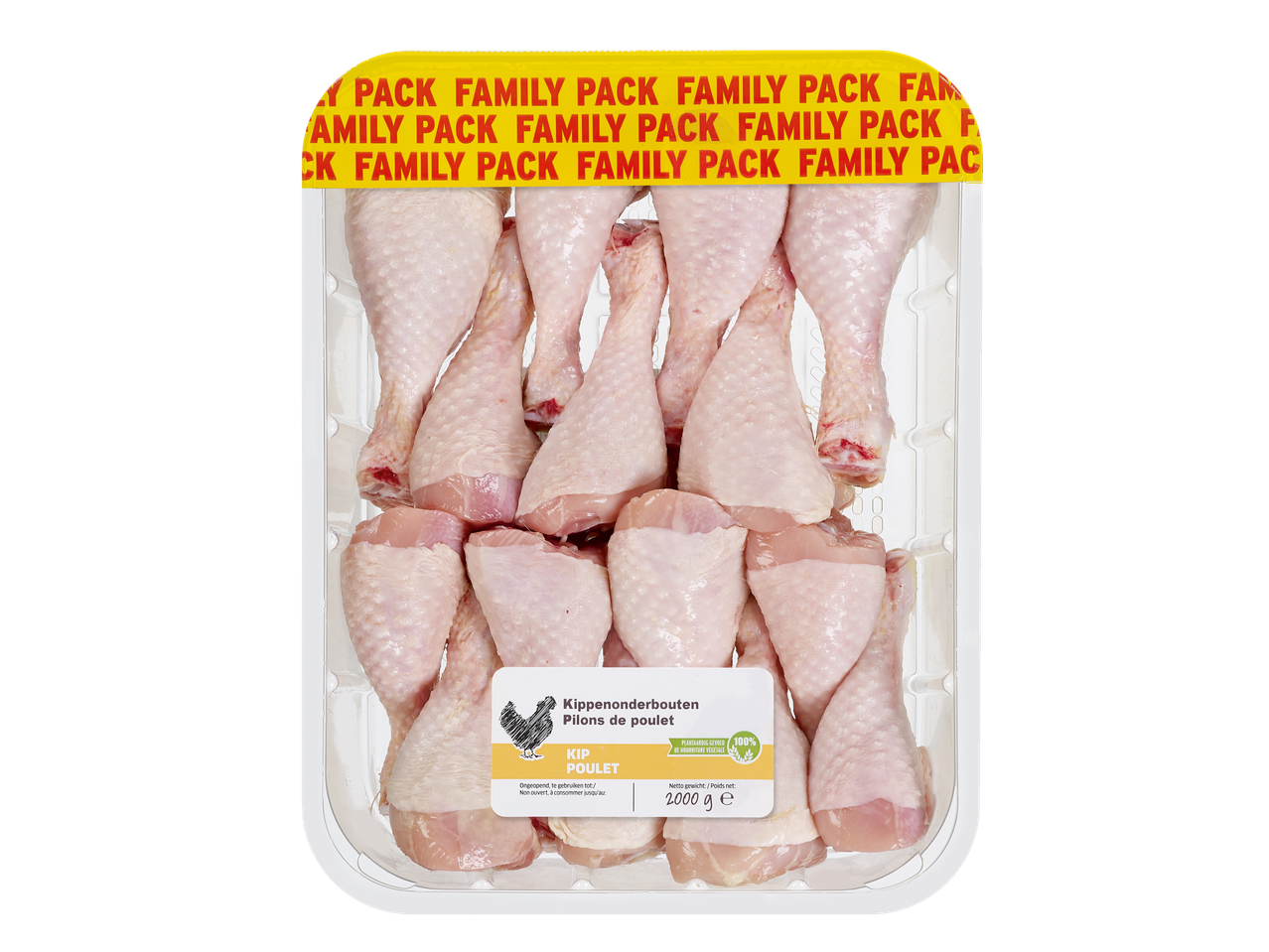 Un paquet familial de pilons de poulet crus dans un plateau en plastique transparent.