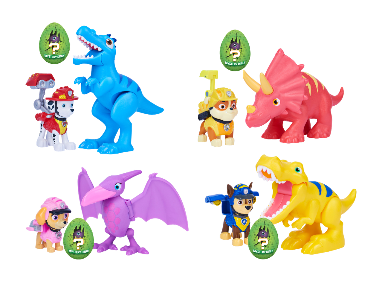 Quatre ensembles de figurines de chiots et de dinosaures avec des œufs mystères.