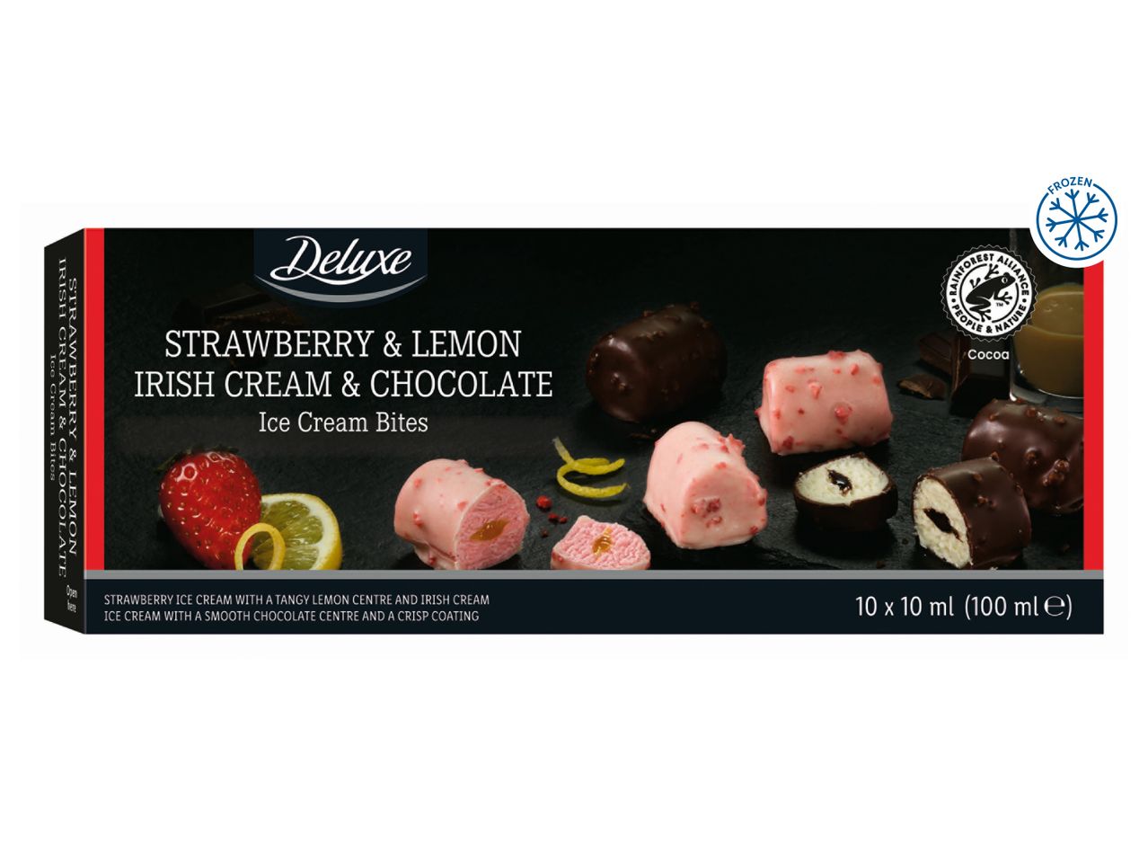Box of strawberry & lemon, Irish cream & chocolate ice cream bites, 10 x 10 ml.