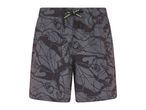 Men's grey swim shorts with a dark abstract pattern and a neon yellow drawstring
