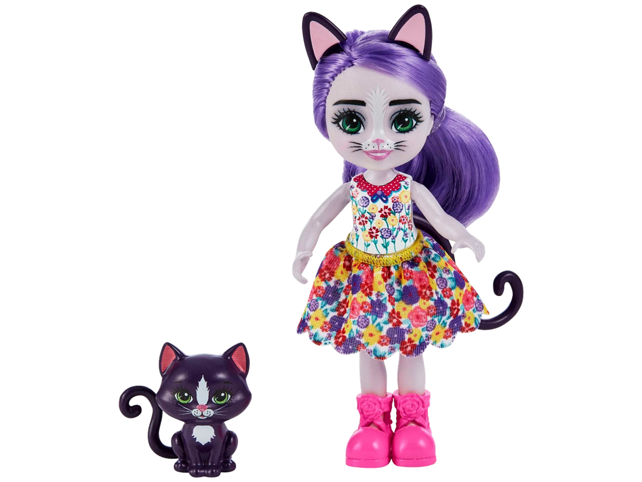 Enchantimals pop met paars haar, kattenoren, bloemenjurk en een klein zwart kattenfiguur.