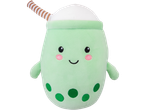 Green boba tea plush toy with a smiling face and brown striped straw