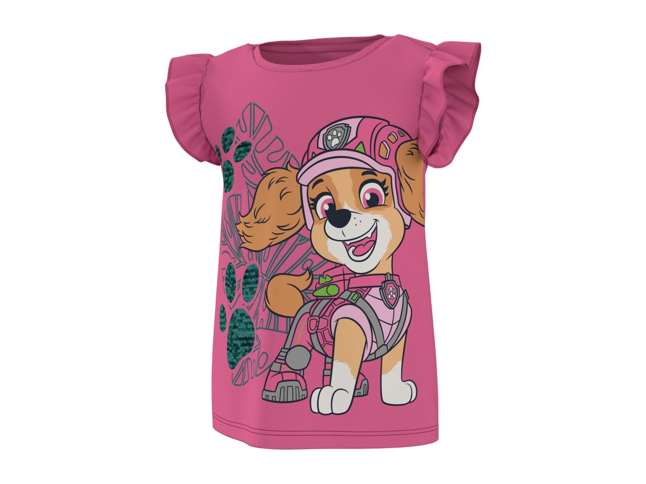 Pink short-sleeved t-shirt with a cartoon dog wearing a pilot's helmet and gear.