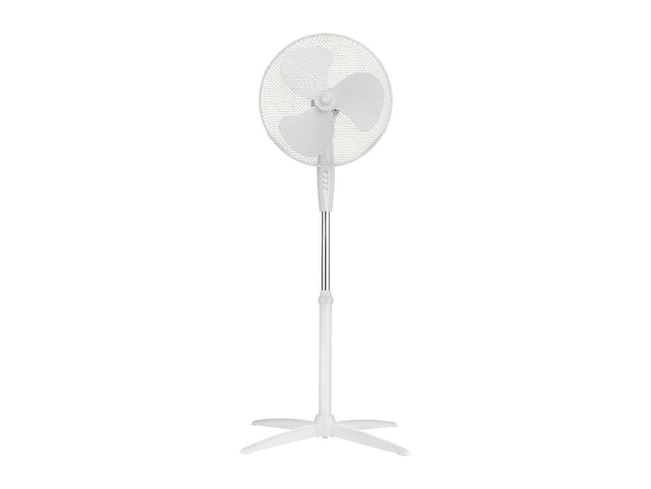 White pedestal fan with a round head and a cross-shaped base