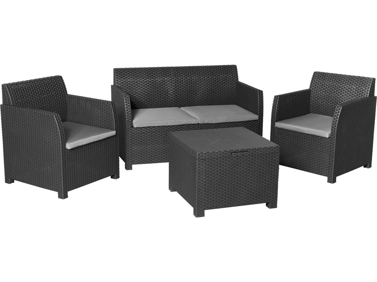 Livarno Garden Sofa Set with two armchairs, a two-seater sofa, and a square table, all in dark grey rattan with light grey cushions.