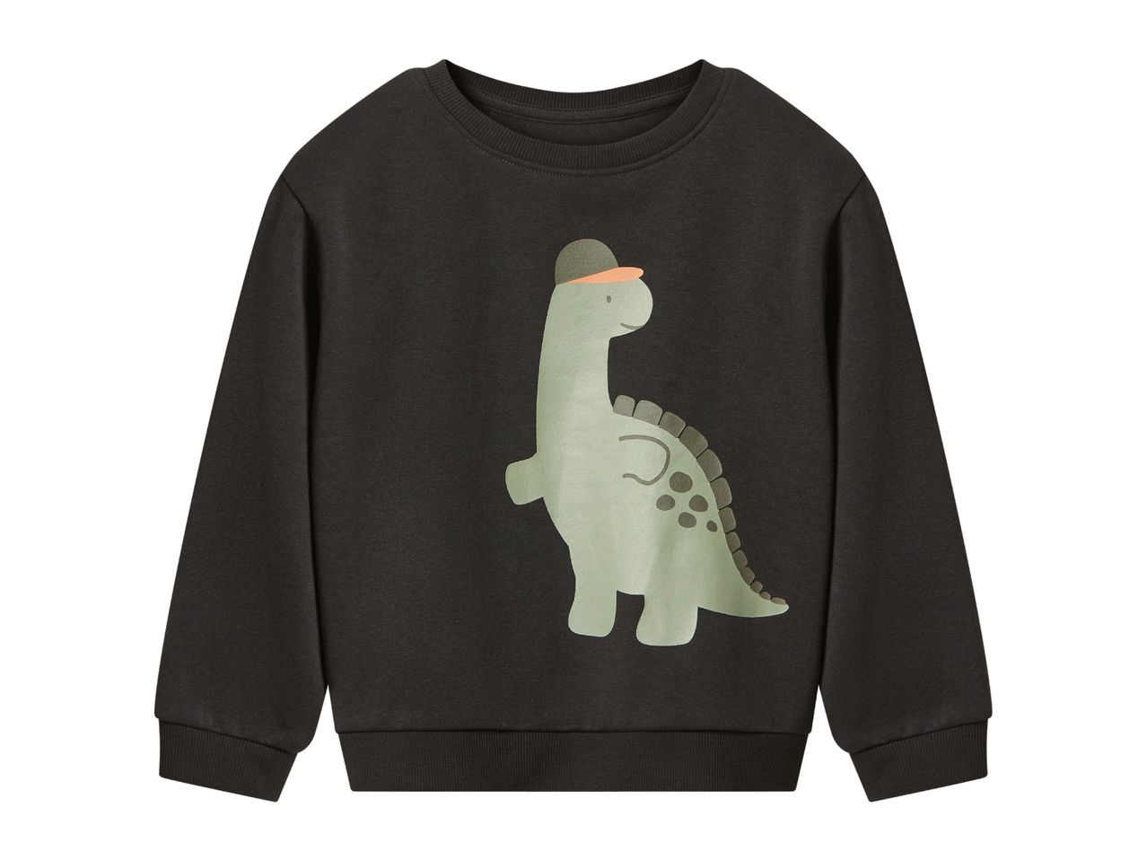 Dark grey children's sweatshirt with a green dinosaur wearing a cap