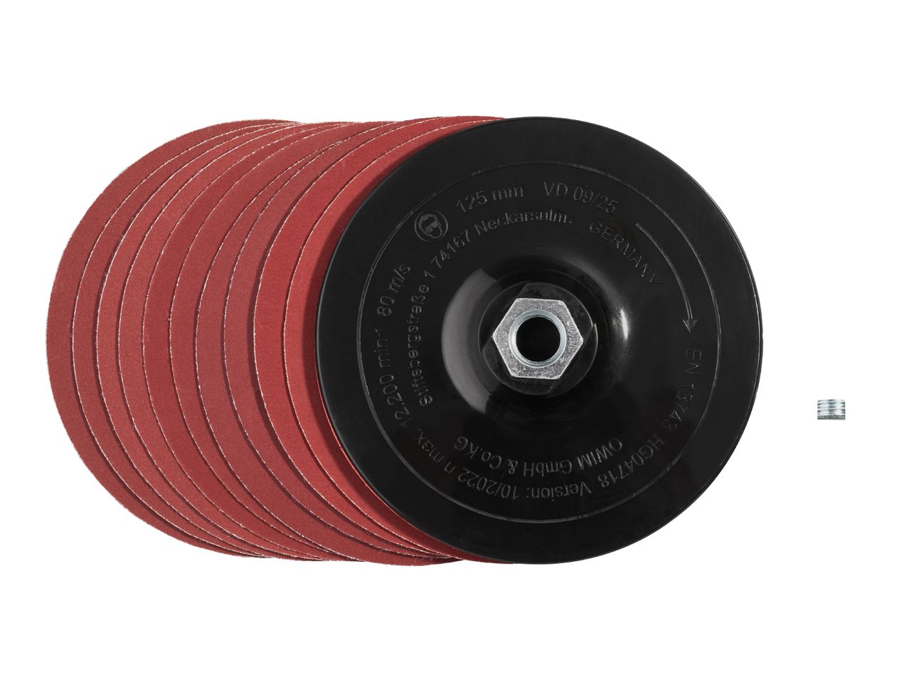 A stack of red sanding discs with a black backing pad, featuring specifications like 125mm diameter and 12,200 min-1 max speed.