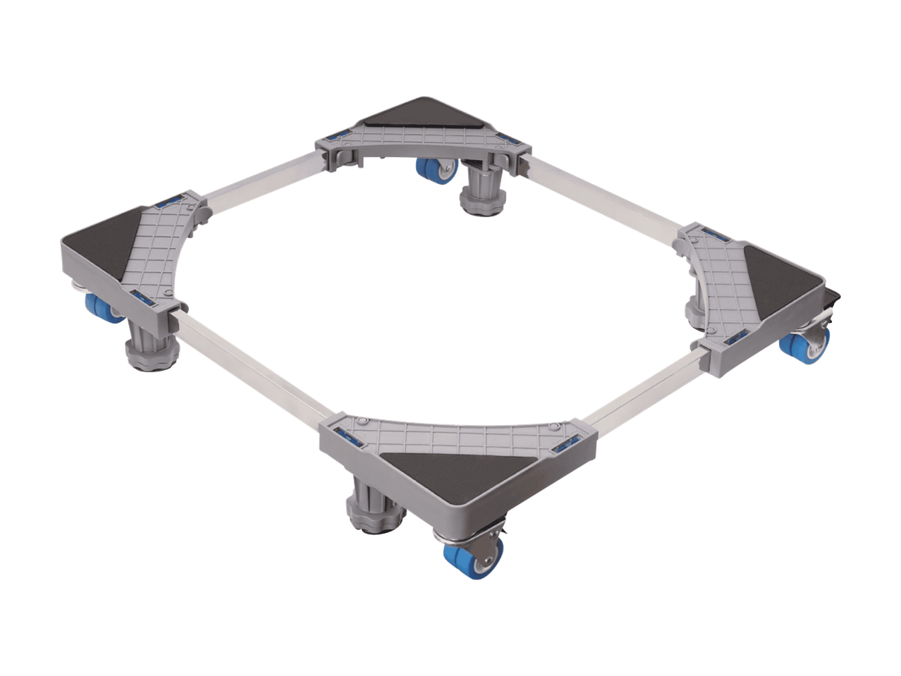 Support à roulettes gris et bleu pour appareils électroménagers, avec patins antidérapants.