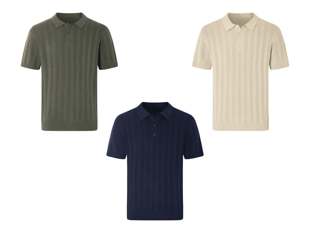 Kolme miesten neulottua pikeepaitaa: tummanvihreä, beige ja laivastonsininen.