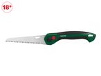 A green and black Parkside folding saw with a silver blade, and an 18+ age restriction icon.