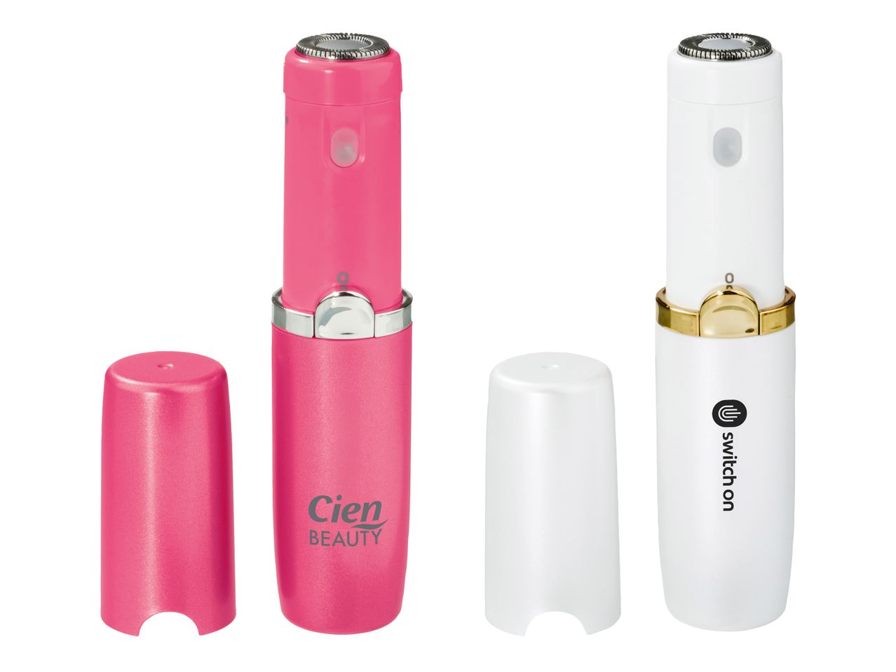 Zwei Epilierer in Pink und Weiß mit abnehmbaren Kappen.