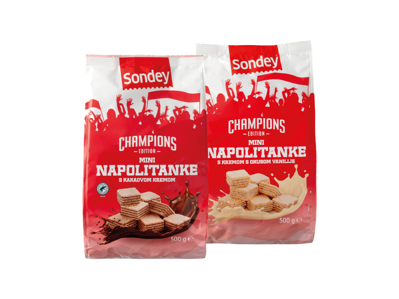 Dva pakiranja mini napolitanki, jedno s kremom od kakaa i drugo s kremom od vanilije, s natpisom 'Champions Edition'.