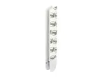 Two white double-sided adhesive strips with hook-and-loop fasteners on a white background.