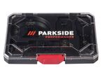 Parkside Performance oscillating tool blade set in a clear and black case with a red clasp.