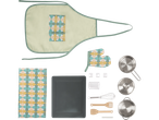Playtive Wooden Play Kitchen accessories: apron, oven mitt, towel, baking sheet, pots, and utensils.