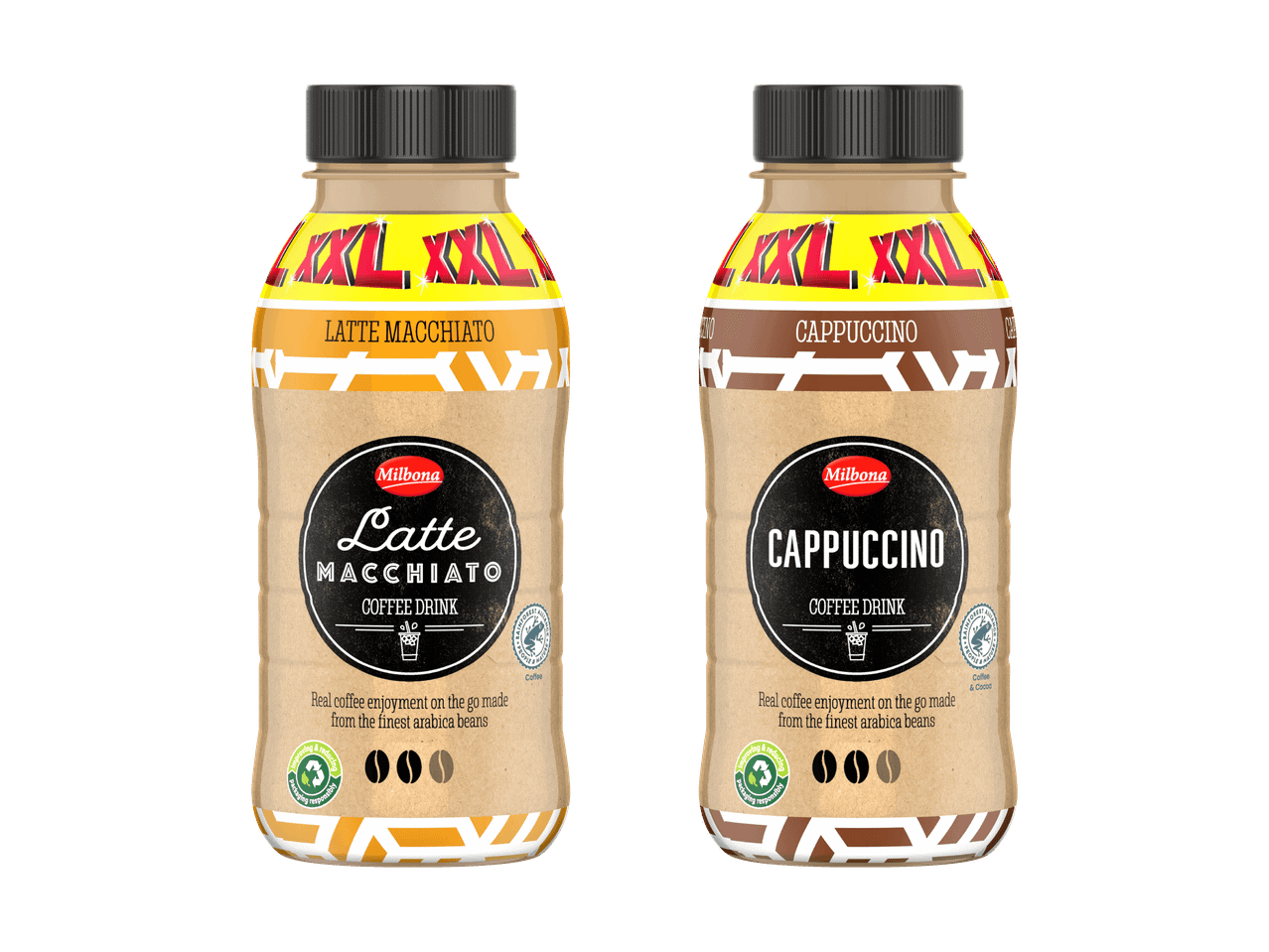 Due bevande al caffè XXL, un latte macchiato e un cappuccino, con chicchi di caffè.