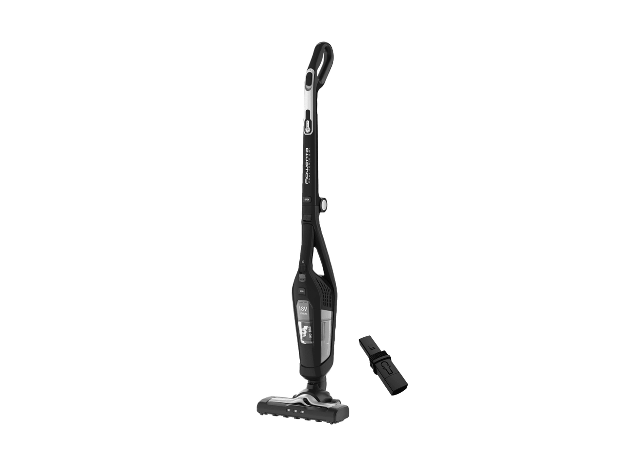 Aspirateur balai sans fil 2 en 1 noir avec batterie lithium 18V et accessoire.