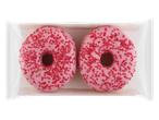 Twee roze geglazuurde donuts met hagelslag, verpakt.