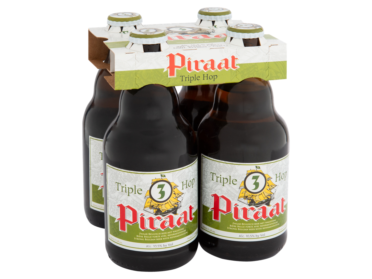 Quatro garrafas de cerveja Piraat Triple Hop.