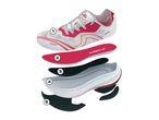 Exploded view of a running shoe showing its five layers: upper, insole, strobel board, midsole, and outsole.