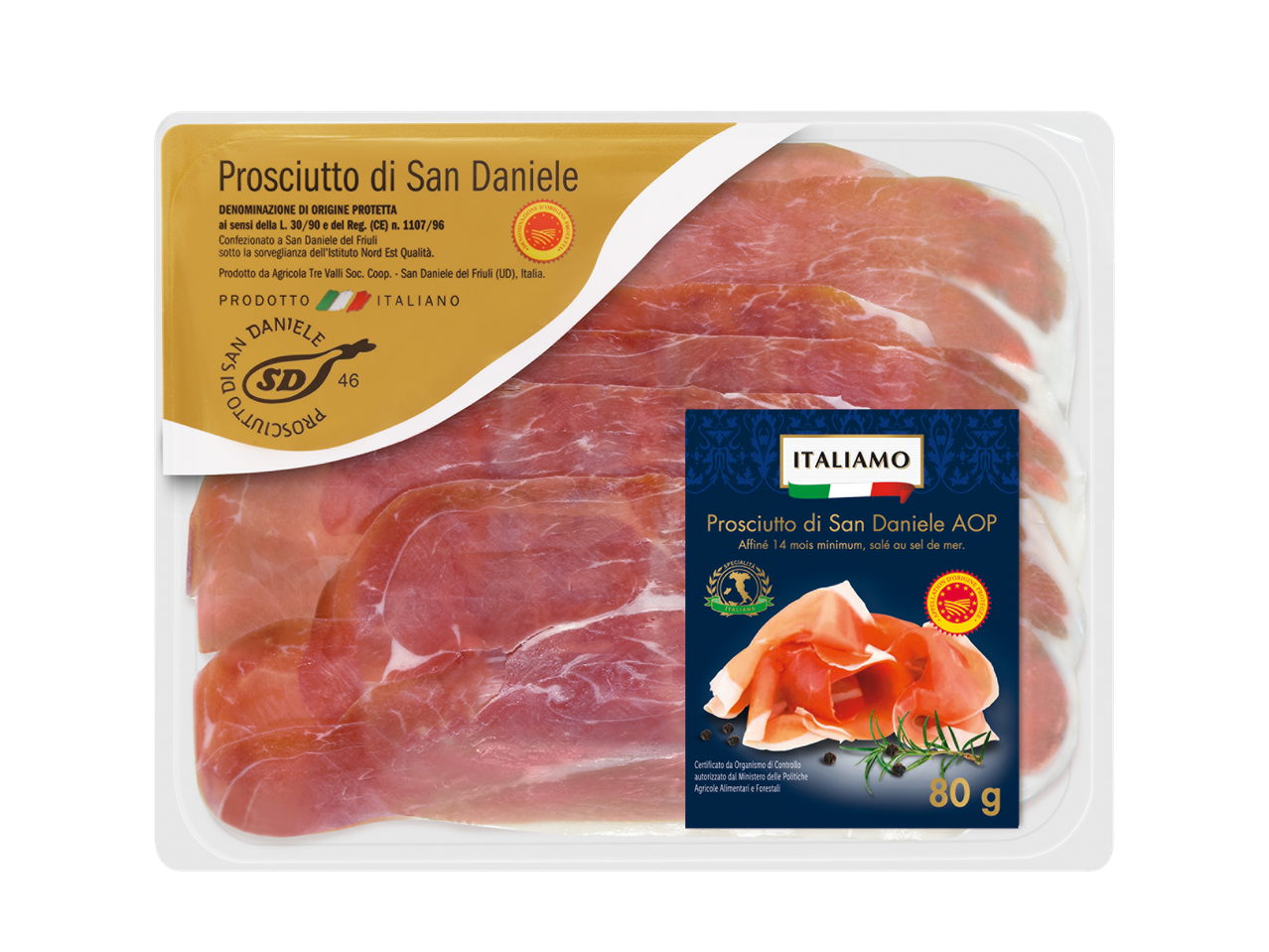 Tranches de jambon de Parme dans un emballage en plastique, avec une étiquette dorée et bleue.