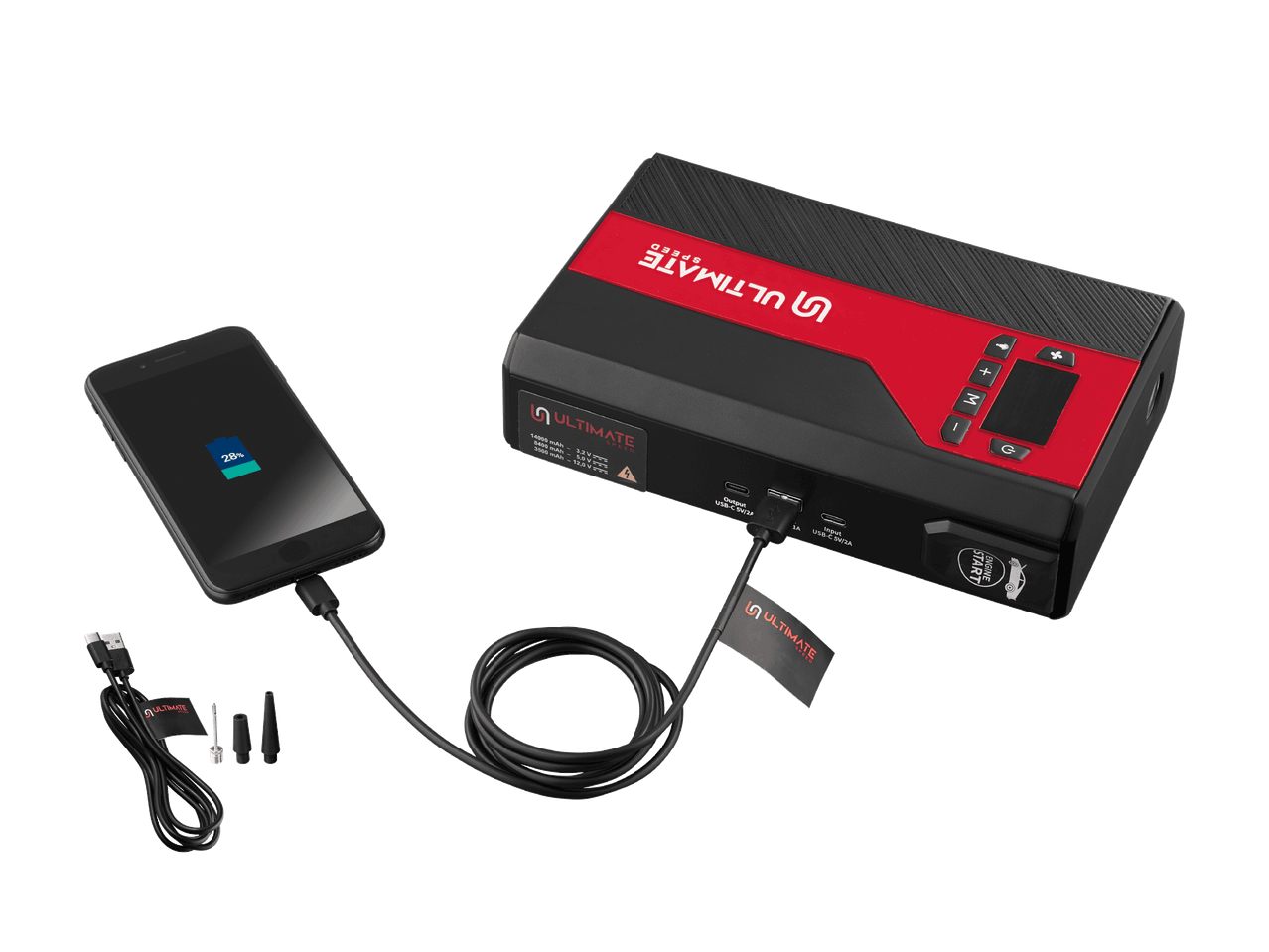 Tragbare Powerbank mit Starthilfe und Kompressor lädt ein Smartphone auf.