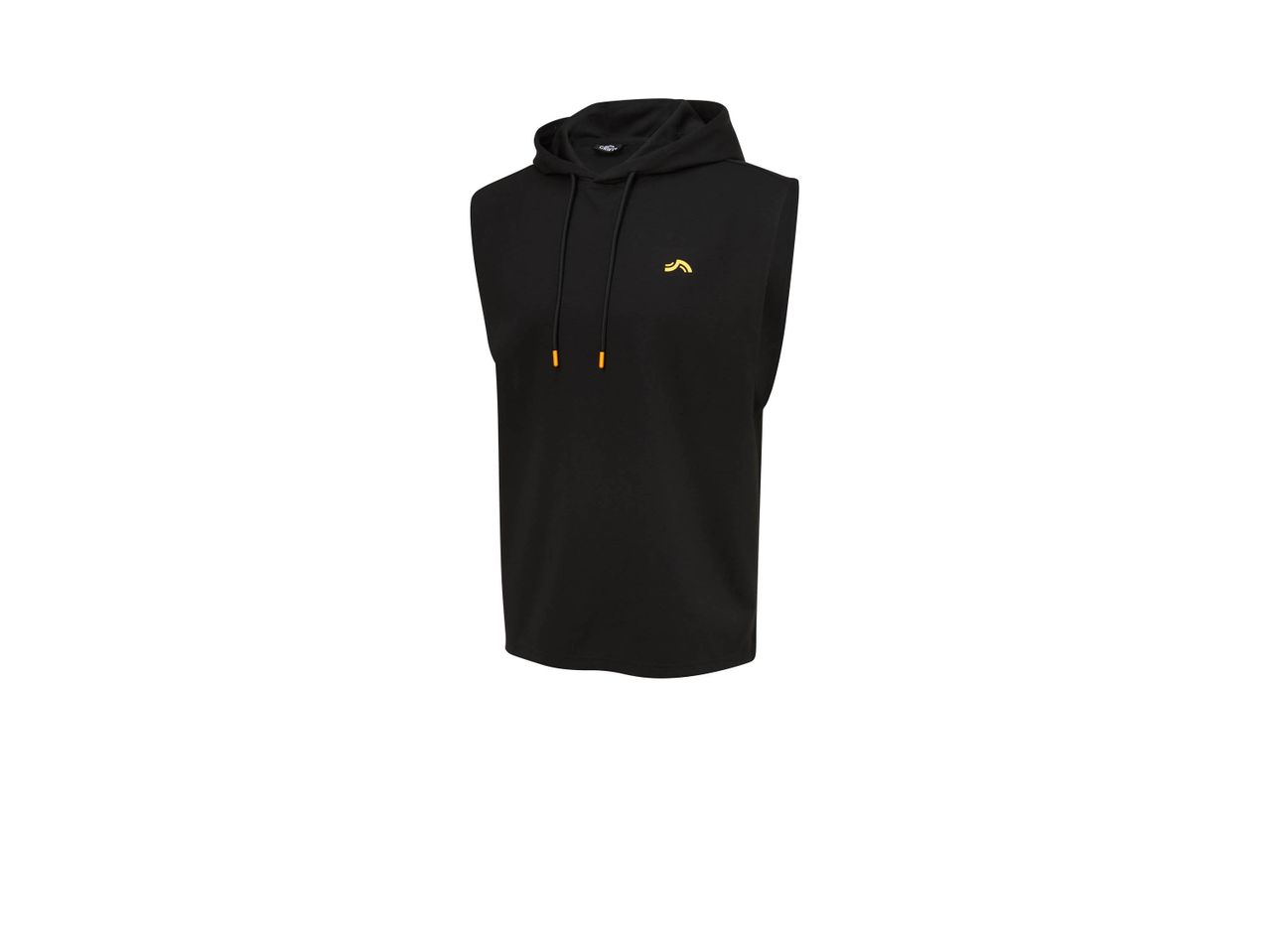 Black sleeveless hoodie with a yellow logo and orange-tipped drawstrings.