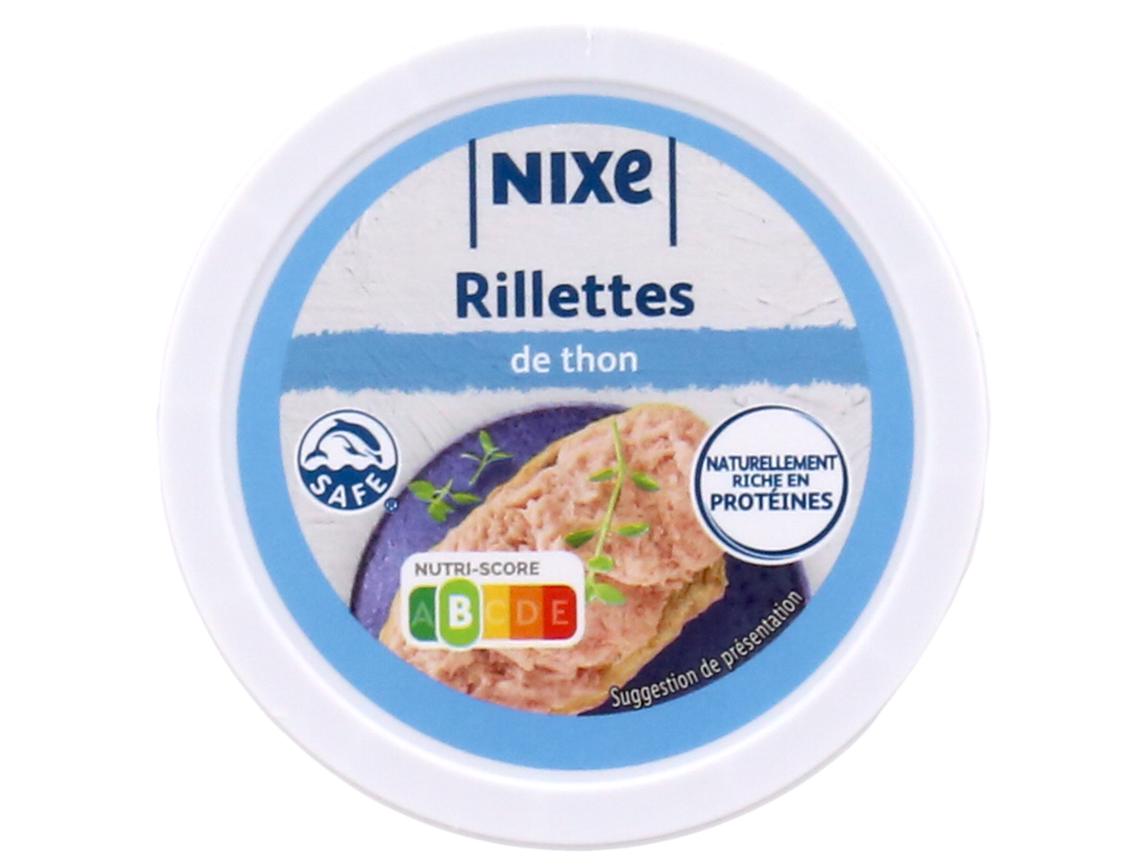 Rillettes de thon avec Nutri-Score B et la mention 'Naturellement riche en protéines'.