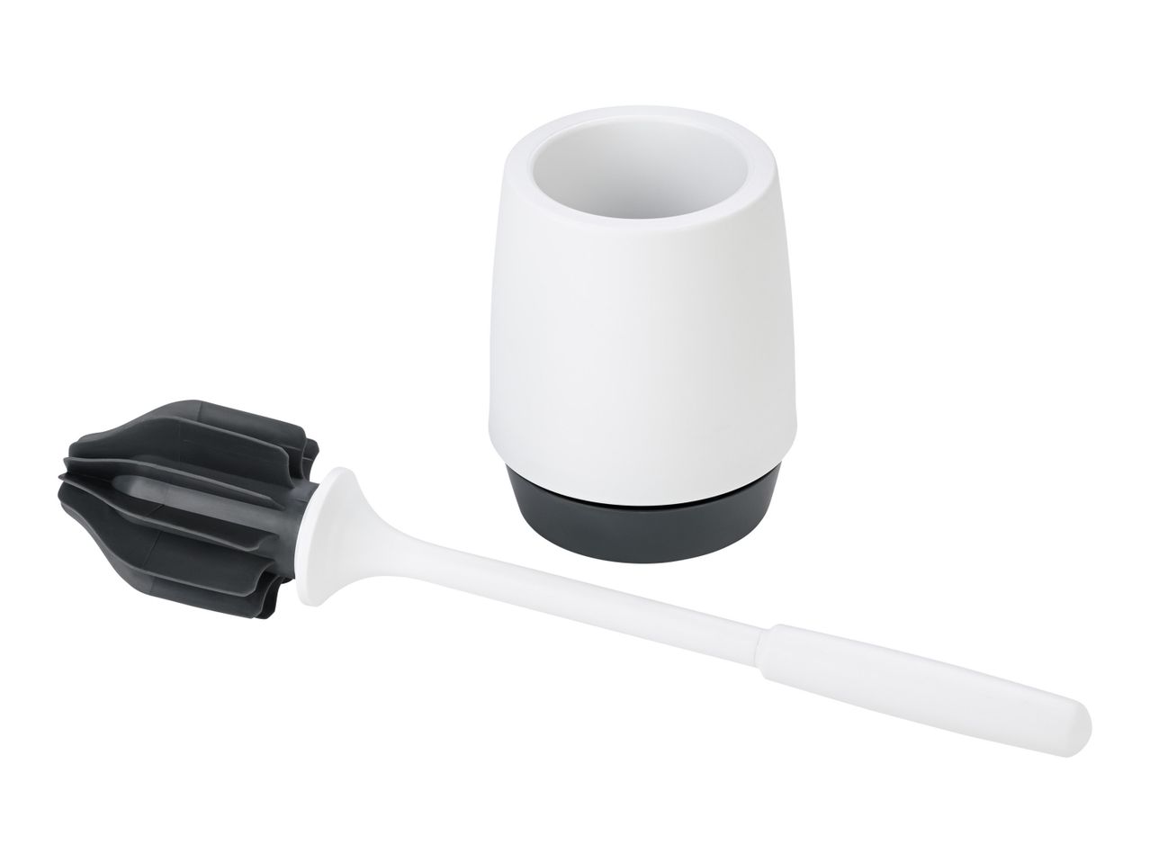 A white and gray toilet brush and holder set.
