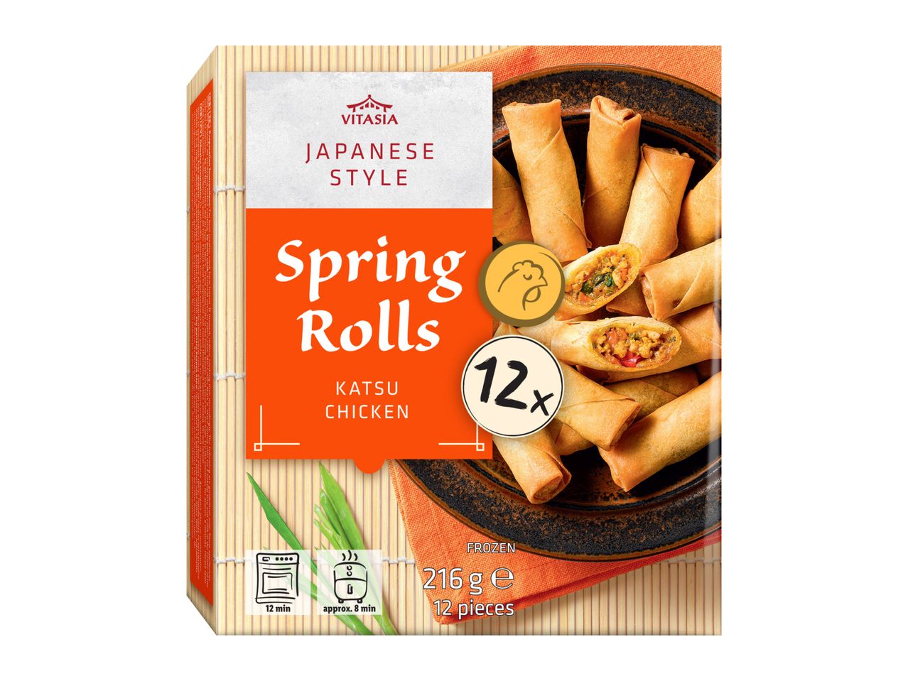 Japanese-style Katsu Chicken Spring Rolls, 12 pieces, 216g, frozen.