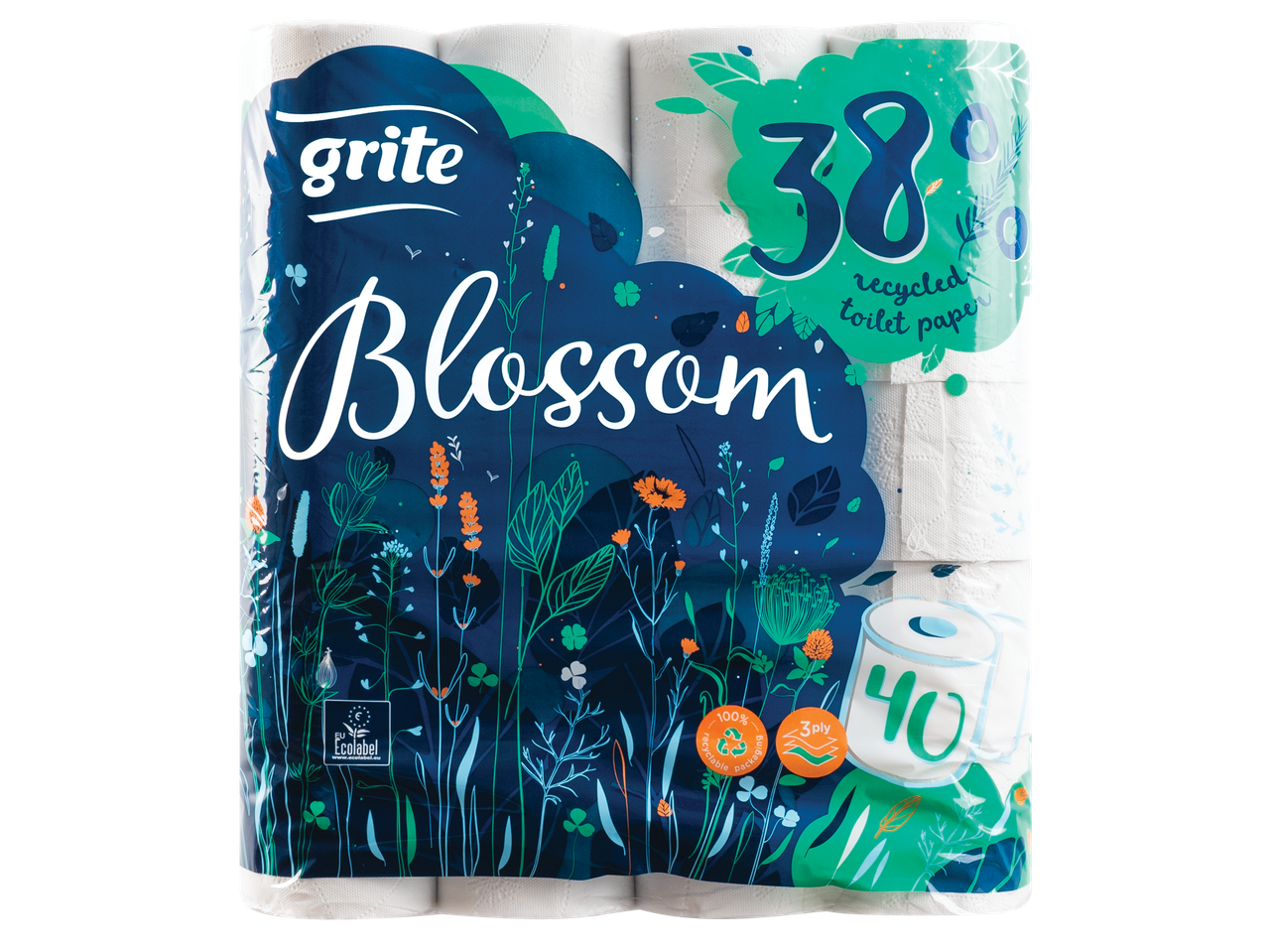 Grite Blossom tualetinis popierius, 38 ritinėliai, pagaminti iš perdirbto popieriaus, 3 sluoksnių.