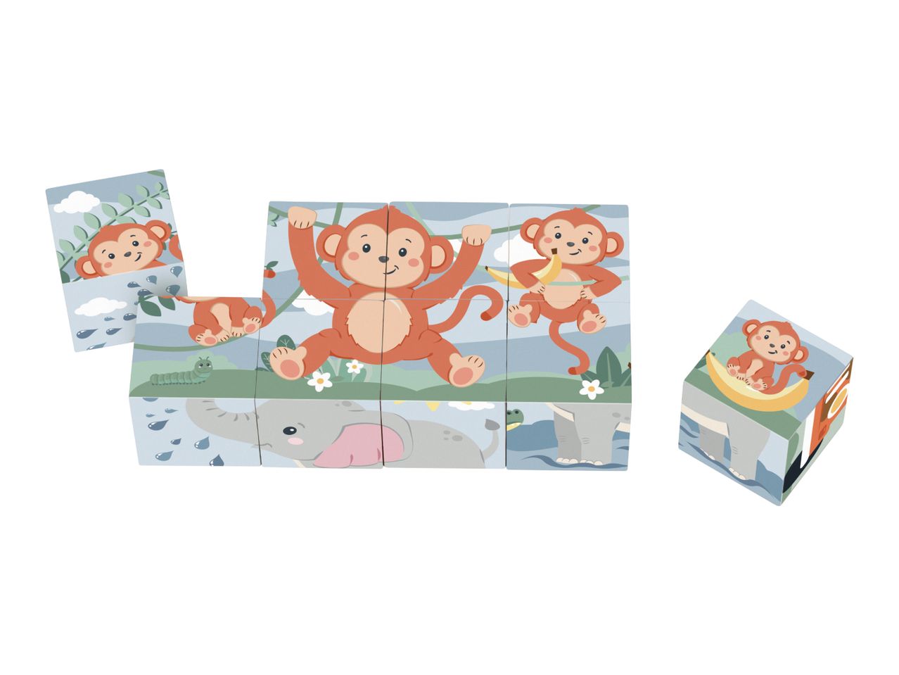 Children's wooden block puzzle featuring monkeys and an elephant in a jungle scene.