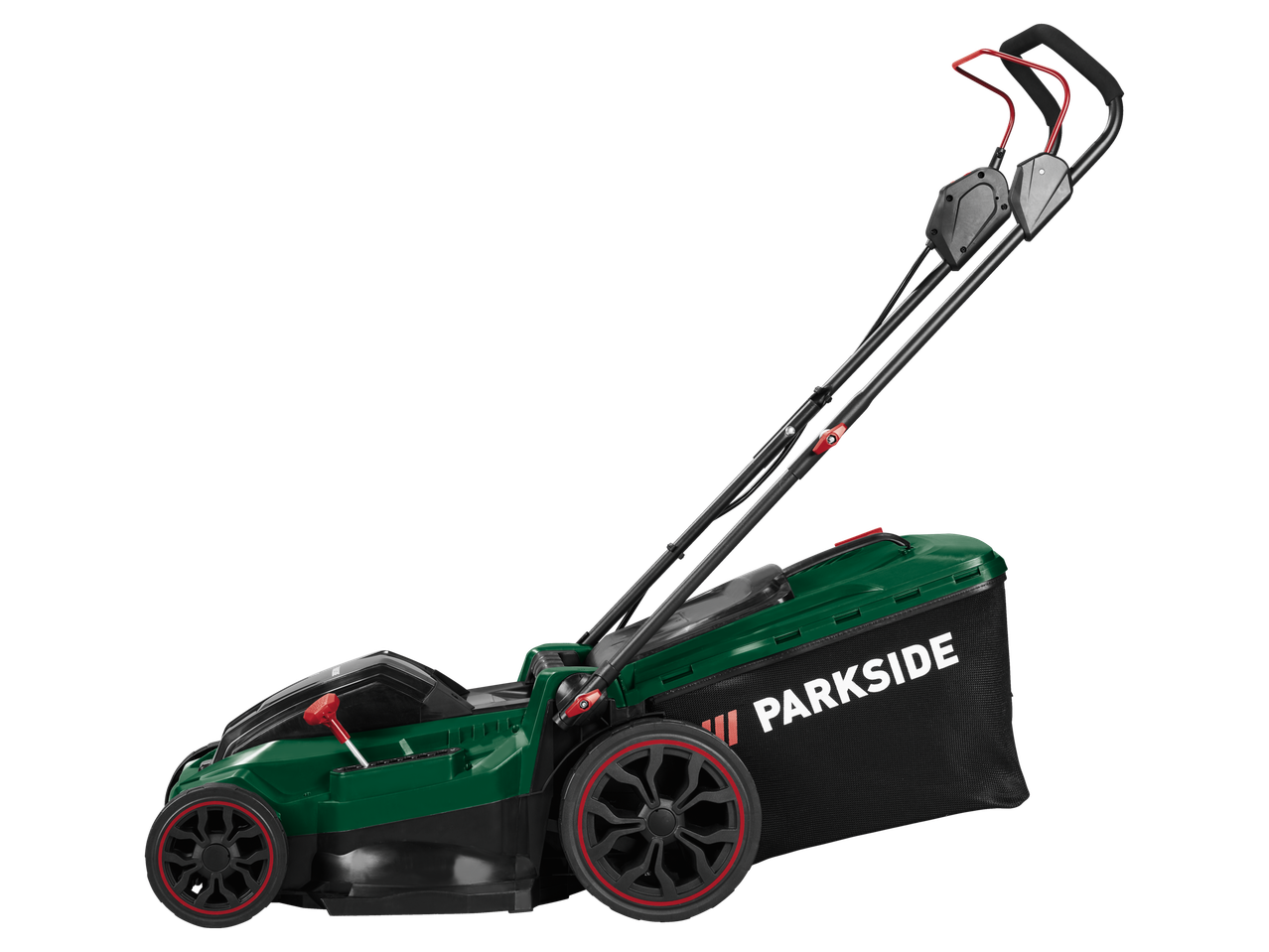 PARKSIDE zāles pļāvējs zaļā un melnā krāsā ar sarkaniem akcentiem, sānu skats.