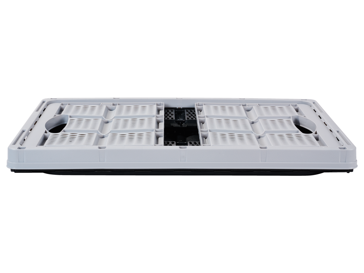 Caixa dobrável de plástico cinzento com pegas e fundo preto, vista de cima.