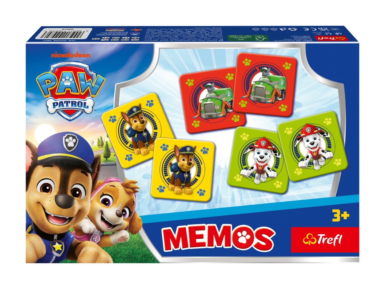 Paw Patrol memory spil med billeder af hundene Chase, Rocky og Marshall