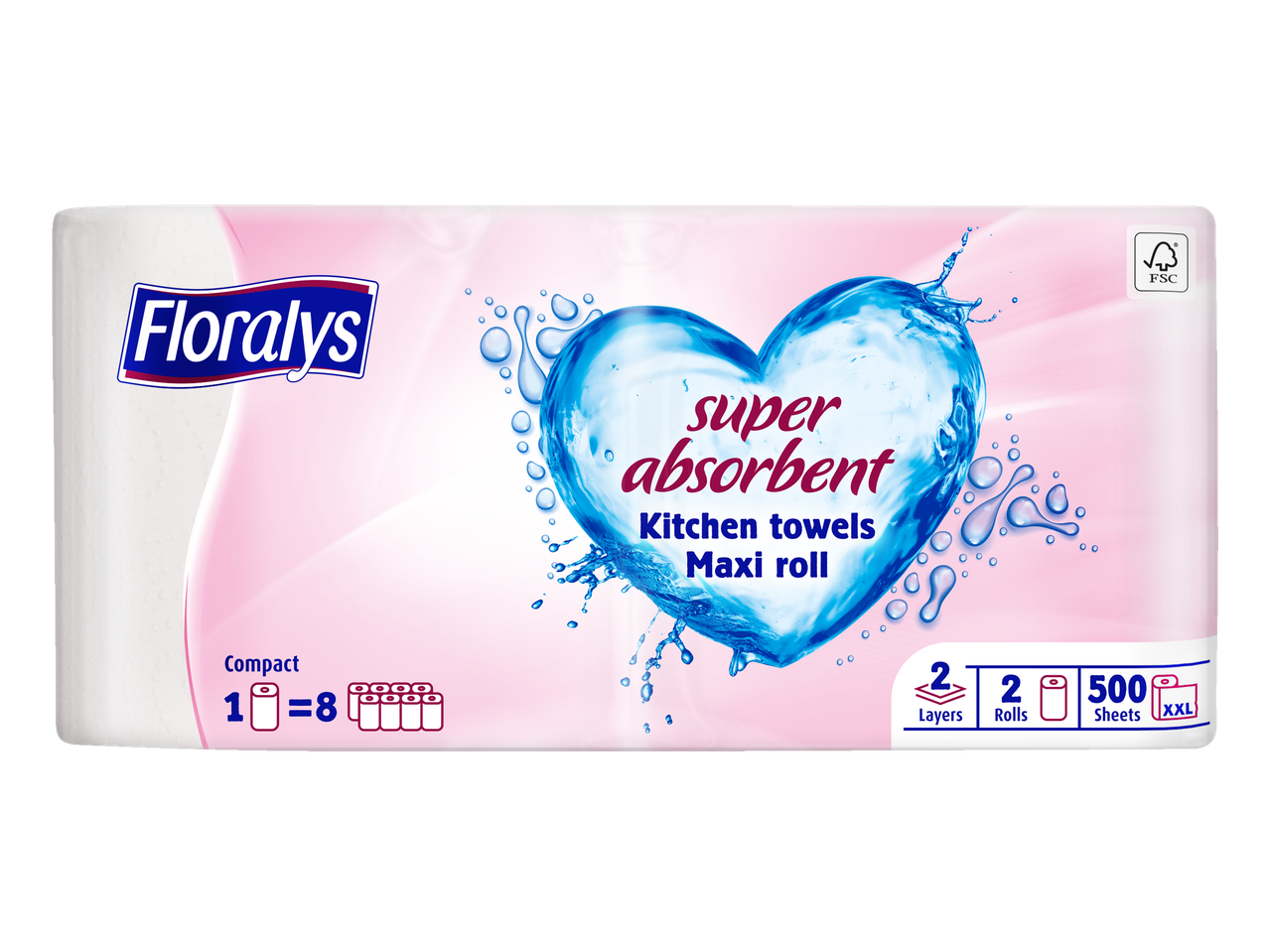 Floralys Essuie-tout super absorbant Maxi rouleau, 2 rouleaux, 500 feuilles, 2 épaisseurs