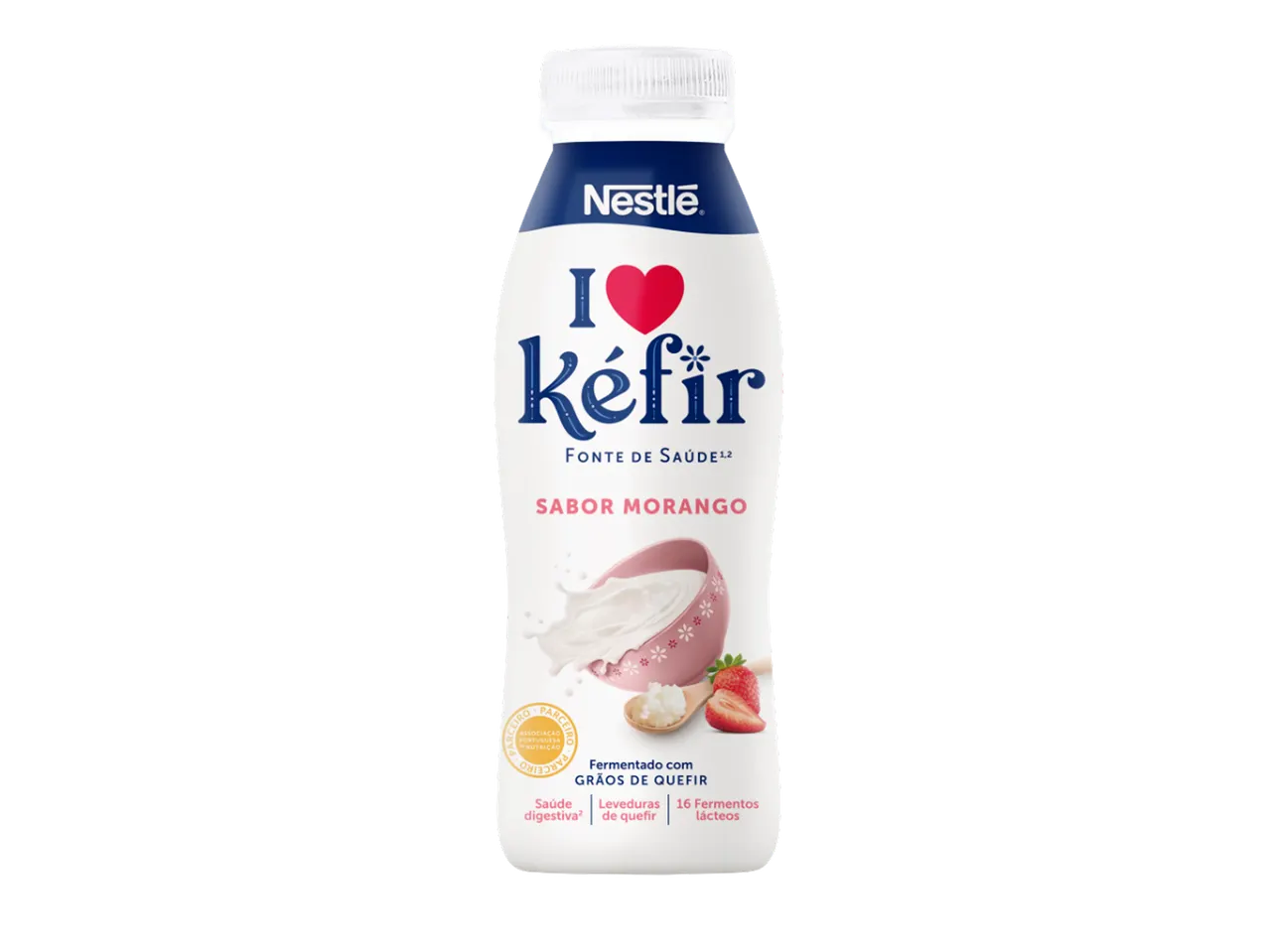 Garrafa de kefir de morango com a inscrição 'I love Kefir' e informações sobre saúde digestiva.
