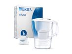 Water filter jug with a filter cartridge and its packaging, featuring blue and white design.