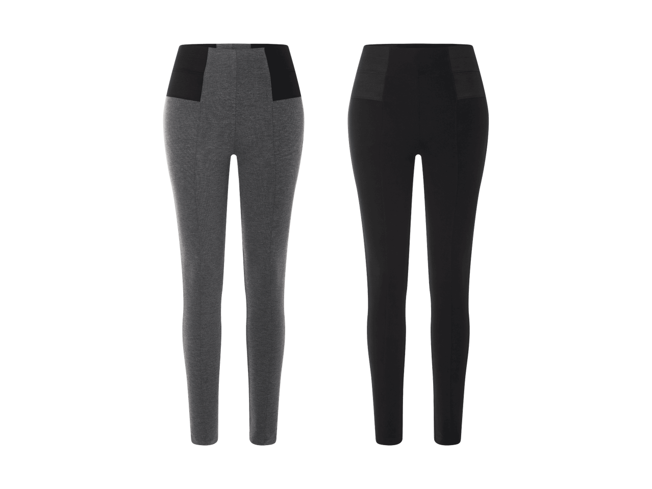 Zwei Paar Damenleggings, eine graue und eine schwarze.