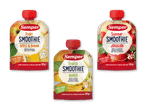 Tre frugtsmoothies til babyer i klemposer: æble & banan, tropisk mango og sommerjordbær.