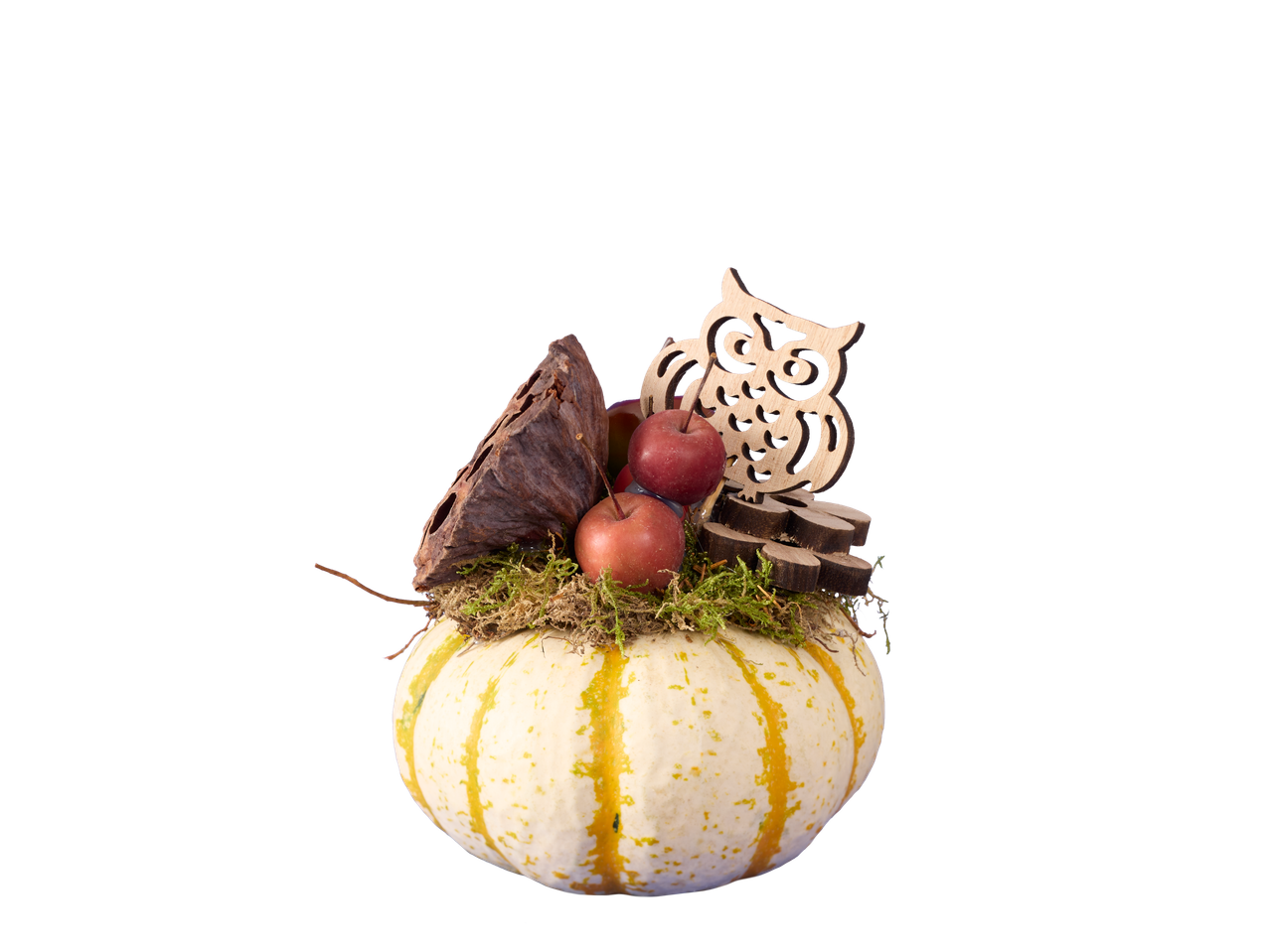 Herfstdecoratie in een pompoen met mos, kleine appeltjes en een houten uil
