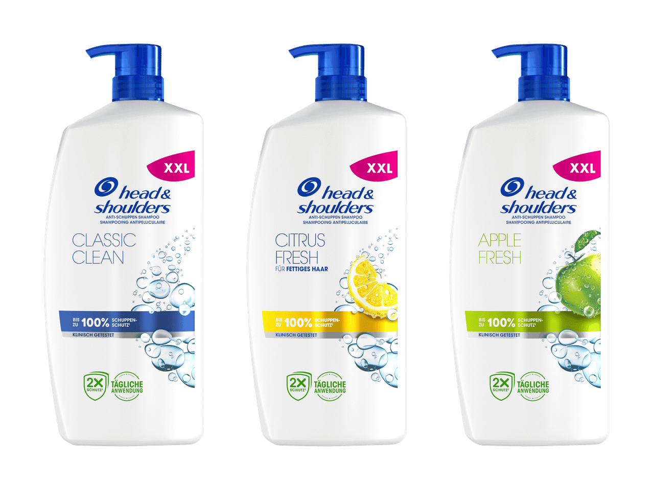 Trois bouteilles de shampoing Head & Shoulders de taille XXL : Classic Clean, Citrus Fresh et Apple Fresh.