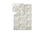 White duvet cover and pillowcase set with a colorful wildflower pattern.