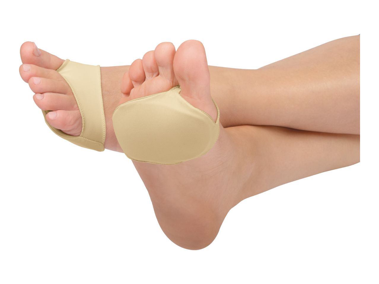 A pair of feet wearing beige forefoot cushions, isolated on a white background.
